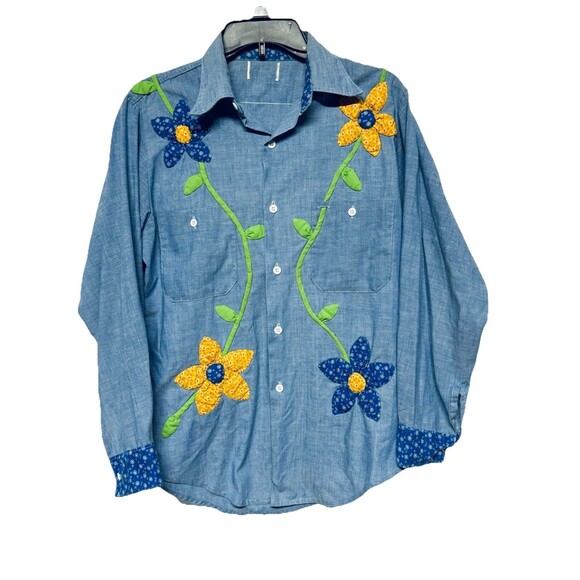 VTG 1970's Chambray Button Up Shirt Puffed Quilted Flowers Stems & Leaves M ? - Picture 1 of 10